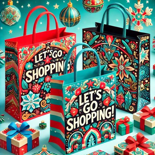 Image of 3 colorful shopping bags decorated with holiday designs such as snowflakes, ornaments, and ribbons, printed with the words, "Let's Go Shopping," in bold text.